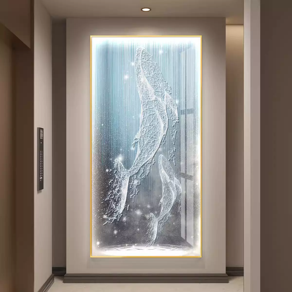 现代玄关装饰画鲸鱼送福led灯过道挂画正对门竖版壁画