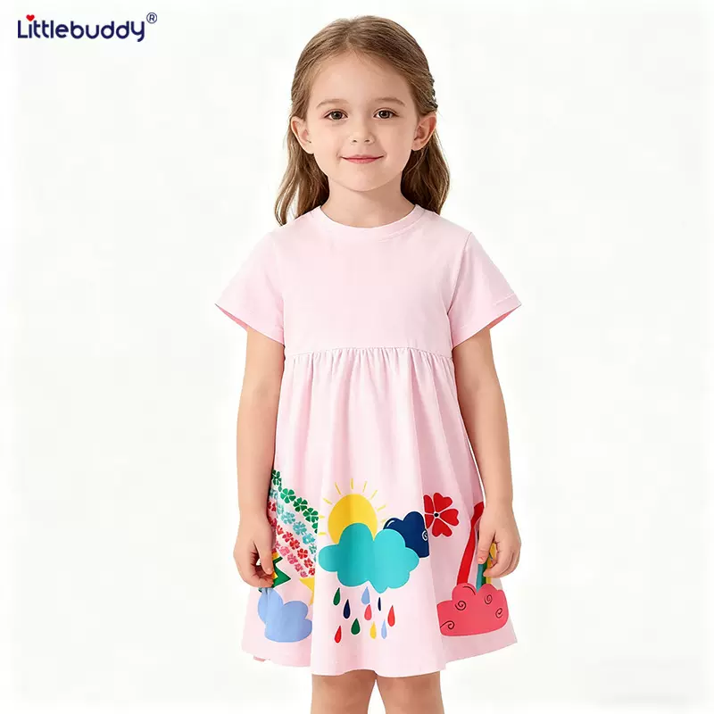 跨境欧美风 女童短袖洋气连衣裙 可爱彩虹儿童连衣裙夏季纯棉童裙