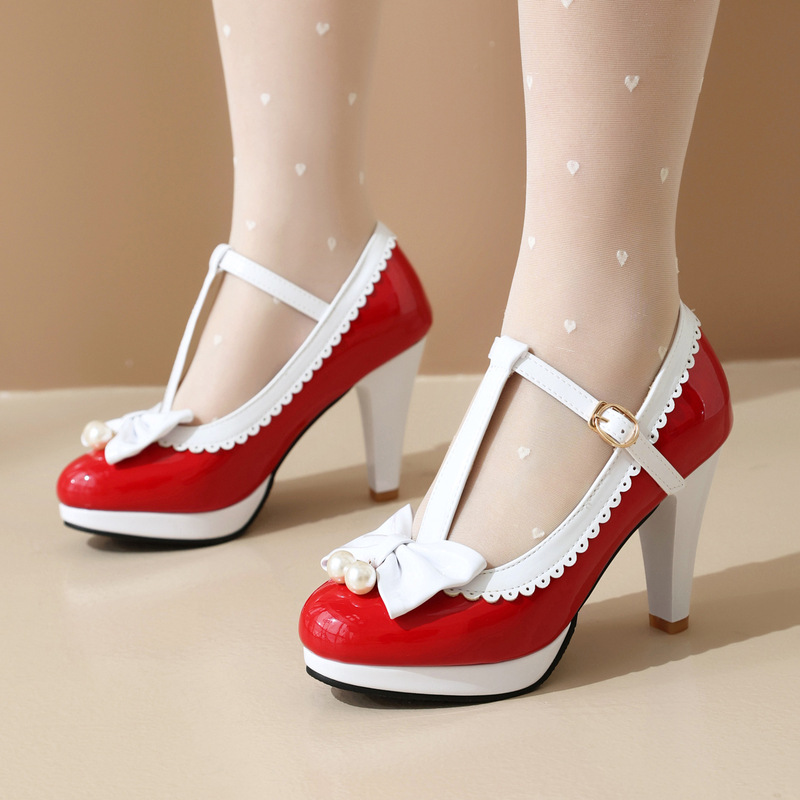 Amazon Foreign Trade Model 2024 Spring T-shaped Buckle Cos Women's Shoes 30-48 Bow Shallow Mouth Shoes