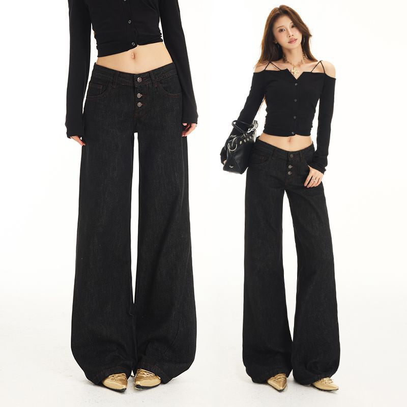 In-stock wholesale: classic black tea-colored, button-front, contrasting-stitched, curved-leg jeans with a low waist and floor-length design In-stock wholesale: classic black tea-colored, button-front, contrasting-stitched, curved-leg jeans with a low waist and floor-length design