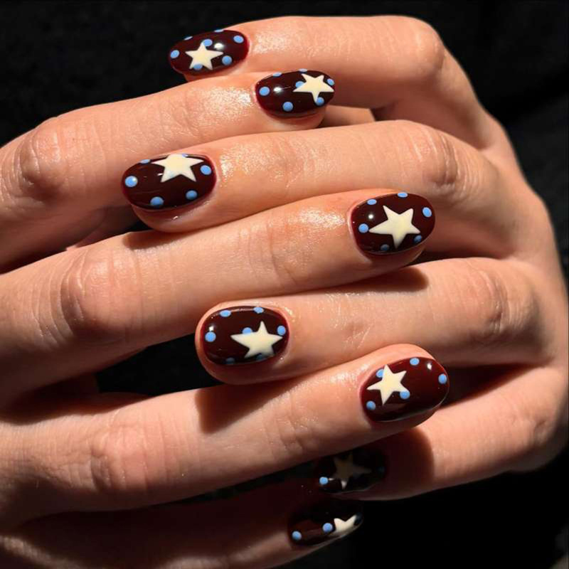 Cross-Border Hot-Selling American Independence Day Short Round Nails with Dark Blue Base and White Polka Dots and Stars, Foreign Trade Wearable Nail Art, 24-Piece Nail Set