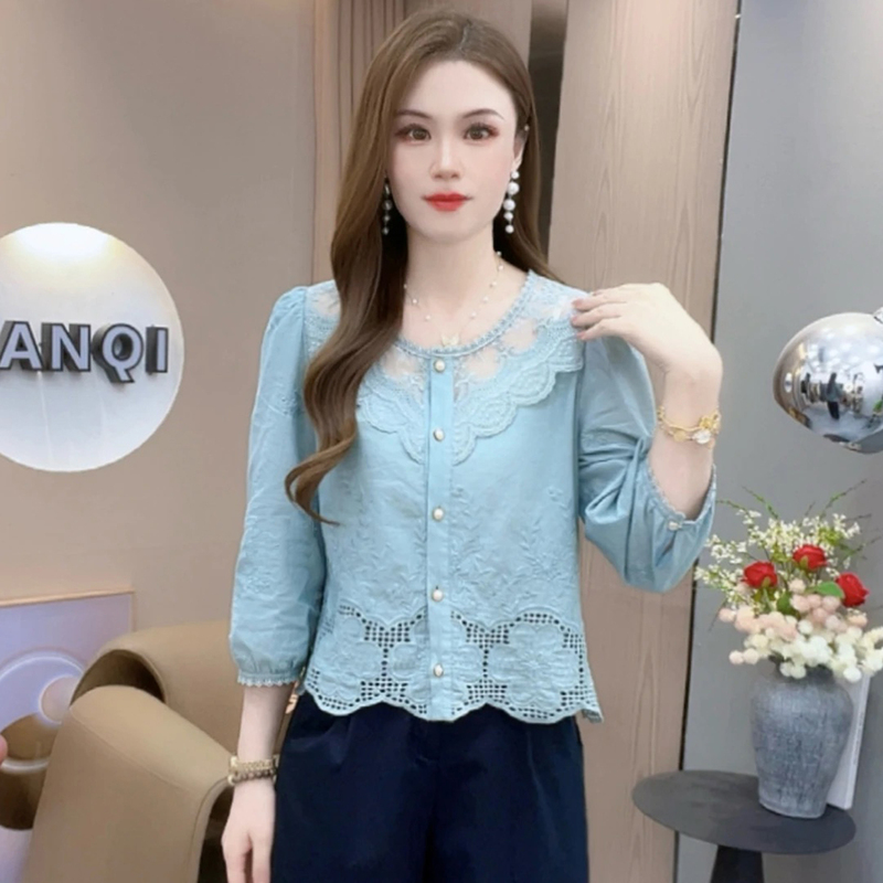 时尚蕾丝衬衫女2025秋季新款设计感小众洋气显瘦气质百搭衬衣上衣|undefined