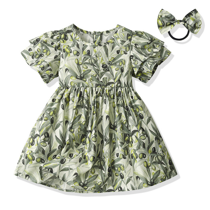 Fábrica directa nuevo vestido de niña de verano cuello redondo cintura de manga corta impresión falda princesa regalar falda de cuerda