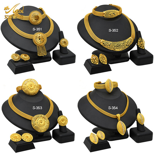 24K Gold-Plated Dubai Necklace Earrings Ring Bracelet Set African Bridal Banquet Jewelry Set