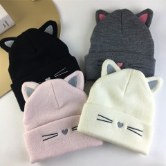 秋冬可爱猫咪刺绣儿童针织帽保暖毛线帽