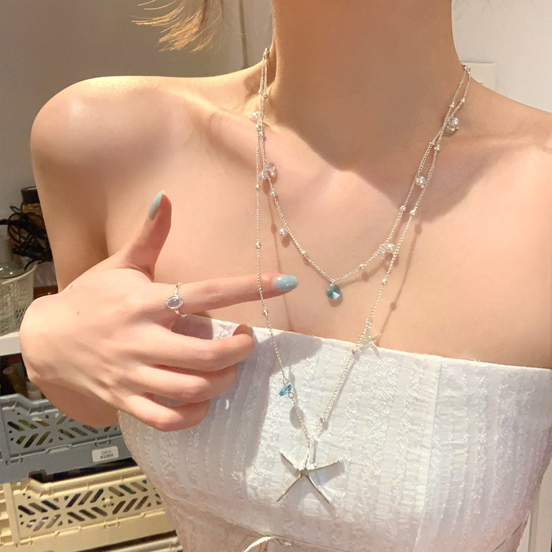 Original! Summer Seaside Vibe Blue Zircon Starfish Layered Necklace for Women, Long Neck Chain Accessory, Clavicle Chain Original! Summer Seaside Vibe Blue Zircon Starfish Layered Necklace for Women, Long Neck Chain Accessory, Clavicle Chain