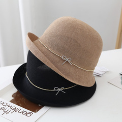 日本訂單高檔和紙前翹赫本風盆帽女夏季韓版鑲鑽鏈條文藝漁夫帽子