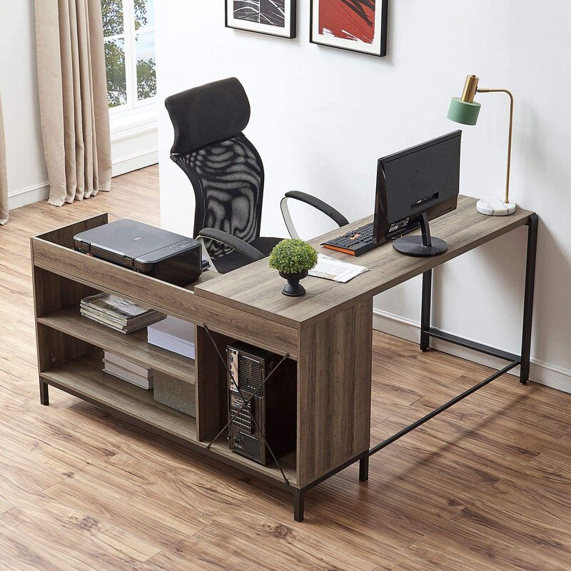 Rustic Industrial L-Shaped Desk Wood and Metal Study Corner Desk Writing Workstation Filing Cabinet