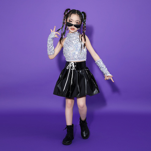 Girls kids silver sequins rapper singers jazz dance costumes children go go dancers dance clothes for girls catwalk models runway fashion performance outfits