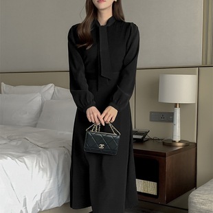 in stock South Korea Chic Dongdaemun Retro French Style Elegant Strap Tight Waist Lace-up Slimming Puff Sleeve dress