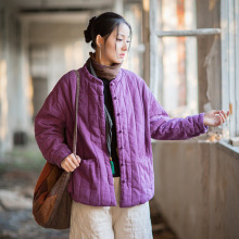 25冬女装新款苎麻夹棉绗缝竖格棉袄棉服原创自制文艺范盘扣女棉衣