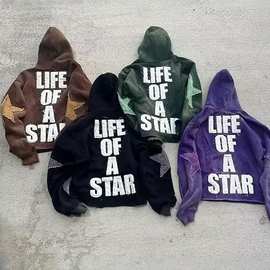 跨境亚马逊新款街头潮牌连帽卫衣男女宽松字母星星印花情侣外套