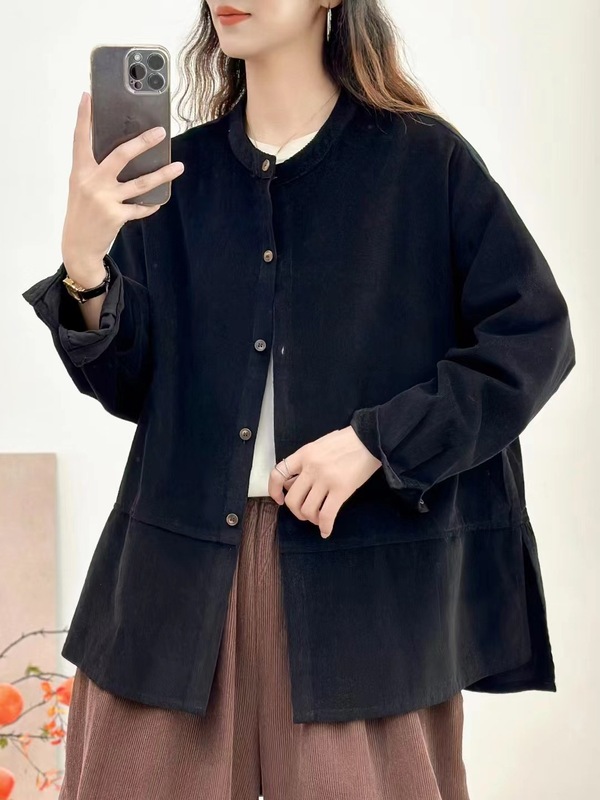 古咖服饰秋季新复古灯芯绒外套女立领单排扣拼接长袖宽松外搭上衣|undefined