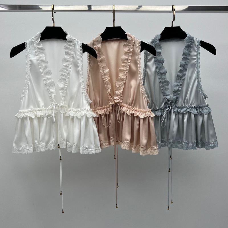 2026 Summer New Style Simple and Fashionable Versatile V-Neck Sleeveless Design Lace Splicing Solid Color Tank Top Wholesale 2026 Summer New Style Simple and Fashionable Versatile V-Neck Sleeveless Design Lace Splicing Solid Color Tank Top Wholesale