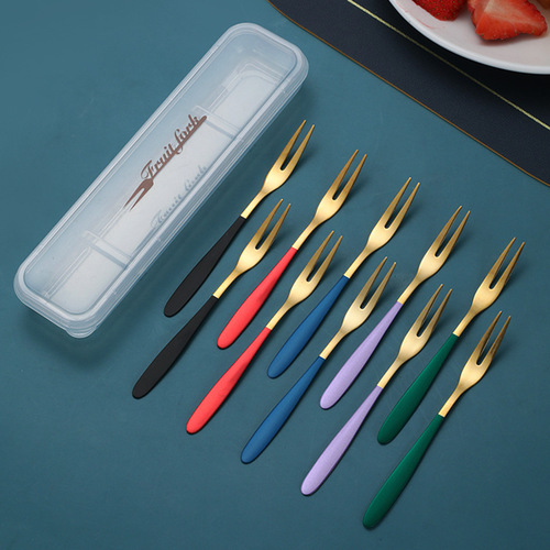 Creative 304 stainless steel fruit fork, snack fork, cake dessert fork, western food two-tooth fruit pick wholesale