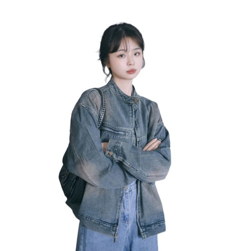 Hong Kong style retro denim short jacket for women  autumn washed distressed niche round neck loose jacket top