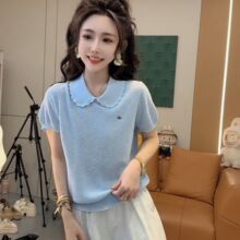 小清新娃娃领短袖针织衫T恤女夏季新款蕾丝边甜美减龄气质上衣