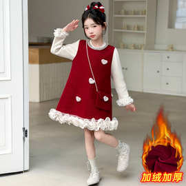 女童秋冬款红色新年连衣裙中大童小女孩洋气拜年服儿童冬装裙子潮