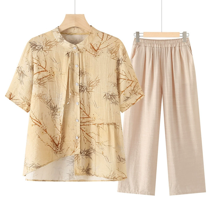 Китайский стиль национальный стиль с короткими рукавами костюм мама летняя одежда новая женщина среднего и пожилого возраста элегантный высококачественный топ брюки