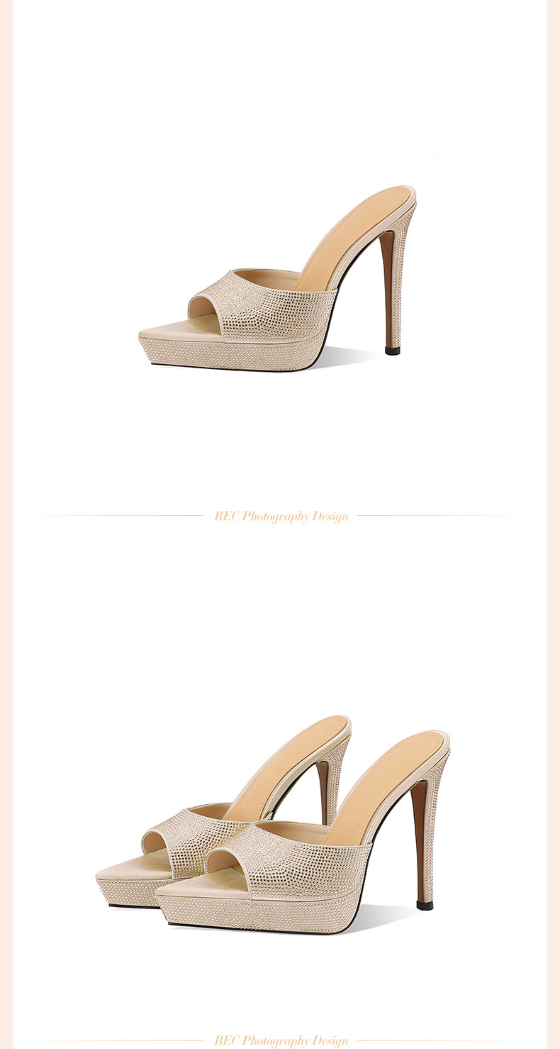 Sandal cao gót nữ hở mũi đính đá platform gót nhọn 9 cm — Champagne màu chi tiết 4