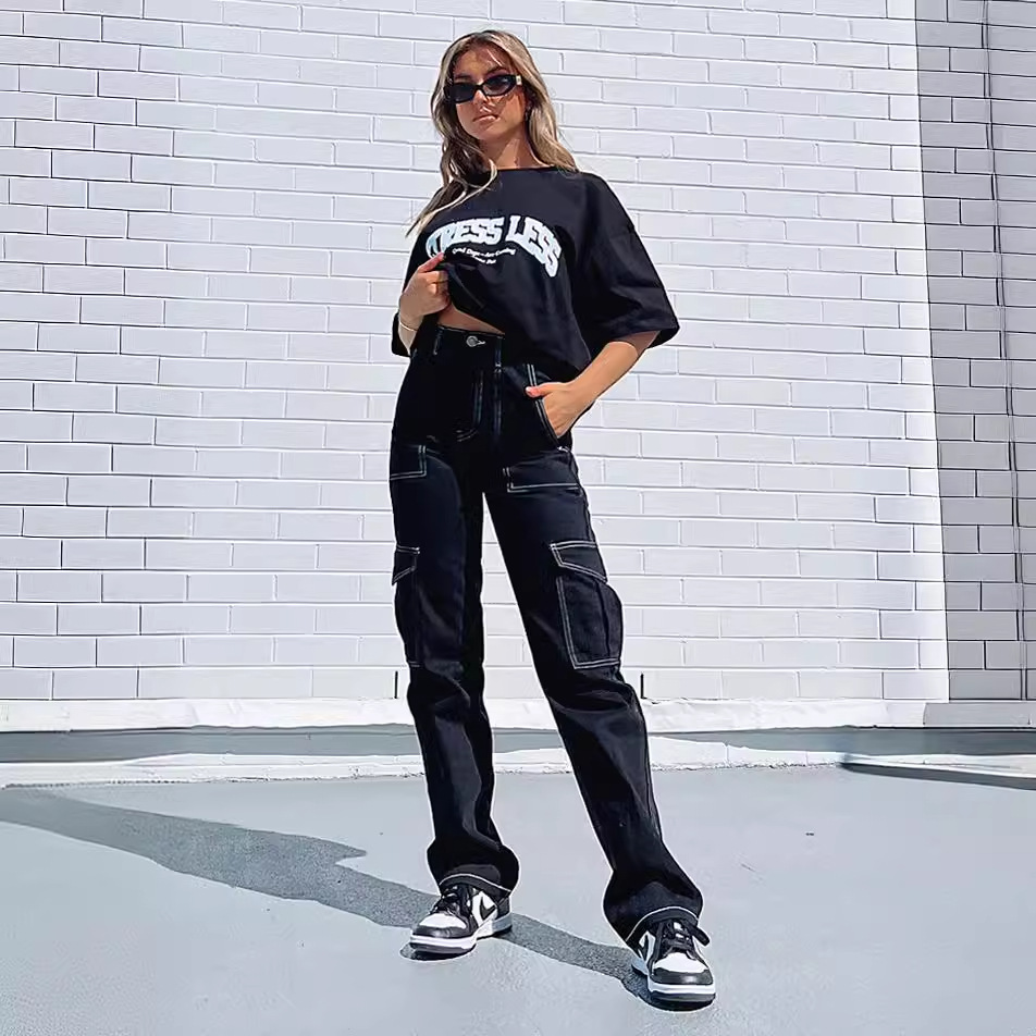 2023 estación independiente de Amazon europeo y americano Otoño e Invierno nuevos Pantalones de mujer personalidad costura de moda monos rectos multibolsillos