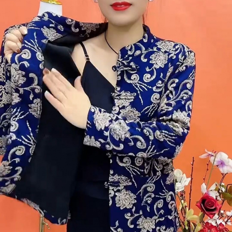 기모 두꺼운 중년 및 노인 가을 및 겨울 새로운베이스 아우터웨어 카디건 내셔널 스타일 캐주얼 긴팔 여성 탑