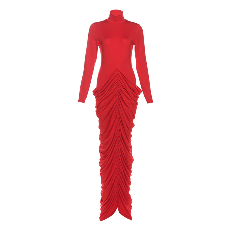 Fashionable Womens Long Sleeve Bodycon Dress Pleated Design Sexy Open Back Slim Fit Autumn Winter Collection