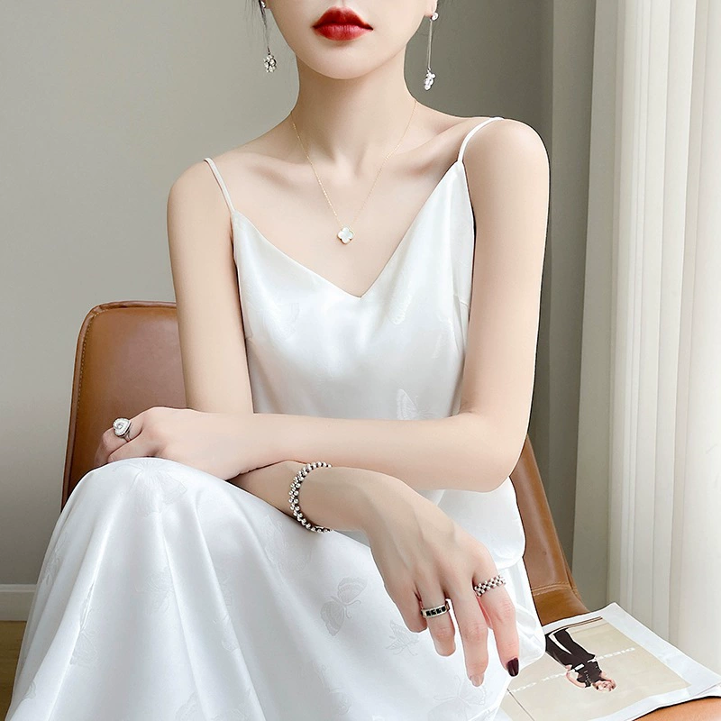 Французское атласное платье-подтяжка женское 2024 весна/лето новый премиум-чувственный принт имитация шелка темперамента длинная юбка