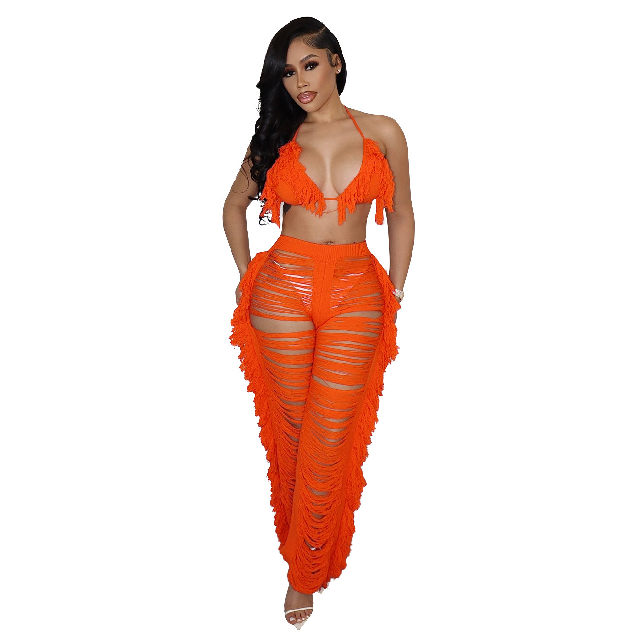 Women's Clothing summer new women's sexy tassel knitted pants suit_voghion.com