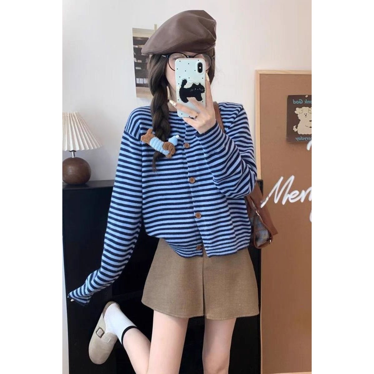 女高毛衣设计感围巾两件套条纹开衫秋季新款百搭减龄简约风针织衫