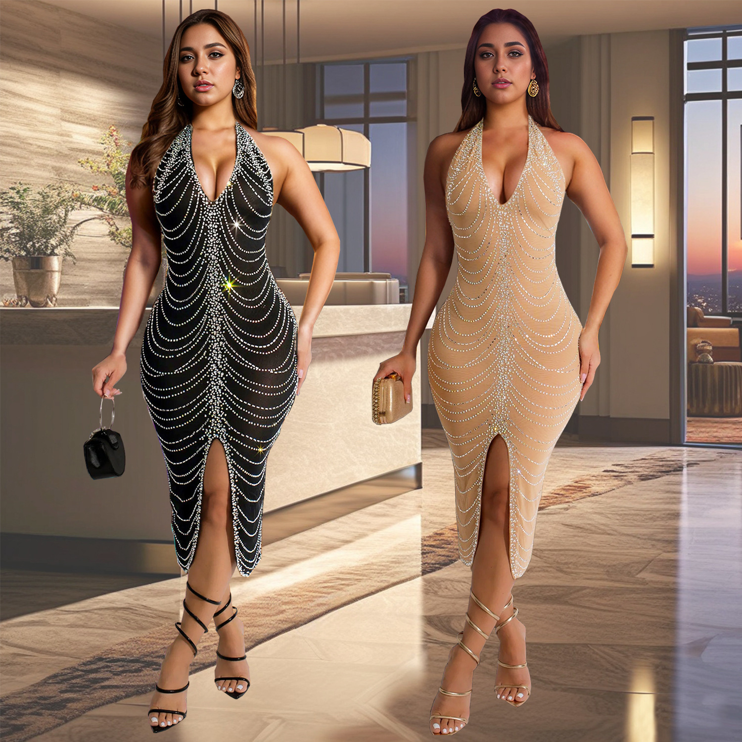 C7095 Aliexpress transfronterizo amazon ropa de moda europea y americana de mujer caliente delgada sexy bolsa de cadera vestido largo