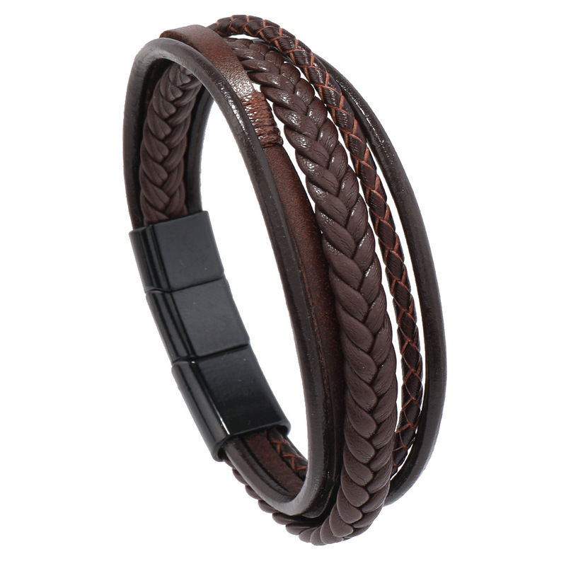 Cross-Border New European and American Layered Woven Leather Bracelet for Men, Simple and Fashionable Alloy Three-Section Magnetic Buckle Cowhide Bracelet Cross-Border New European and American Layered Woven Leather Bracelet for Men, Simple and Fashionable Alloy Three-Section Magnetic Buckle Cowhide Bracelet