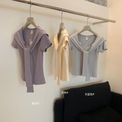 WGWE6053 韓国風右肩半袖Tシャツデザインニッチレースアップスリムフィットショートショールトップ