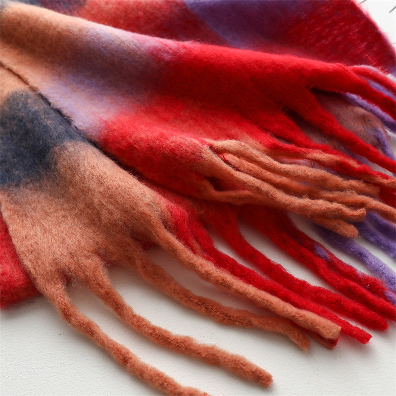 Sciarpa da donna alla moda invernale imitazione cashmere filato ad anello addensato calore scialle arcobaleno pannello scozzese nappe_voghion.com