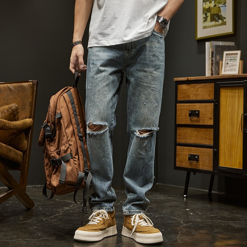 Men's Ripped Knee Jeans, Straight Loose Fit, Trendy Retro Cool Summer American High Street Casual Long Pants Men's Ripped Knee Jeans, Straight Loose Fit, Trendy Retro Cool Summer American High Street Casual Long Pants
