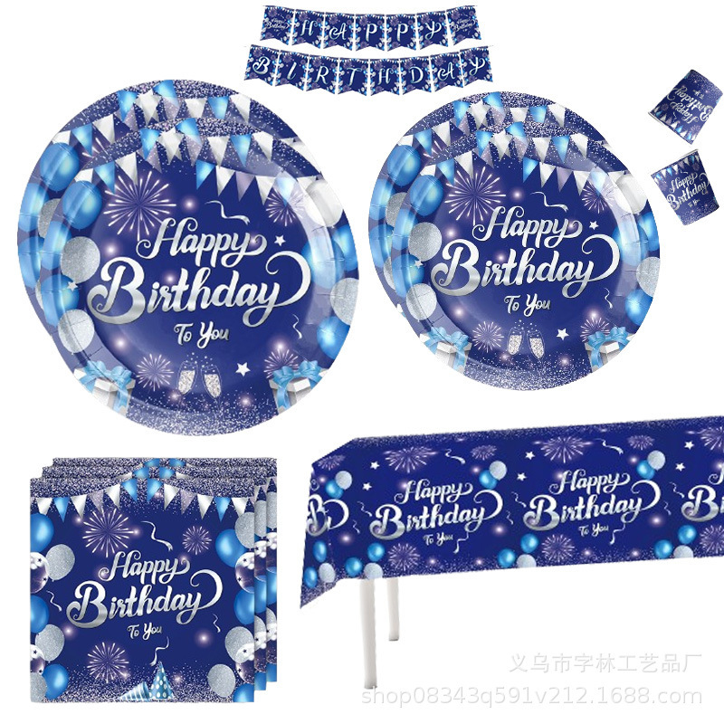 Classic Navy Blue Birthday Party Supplies Disposable Tableware suit Paper Plate Tablecloth Balloon Blue Silver Party Decoration