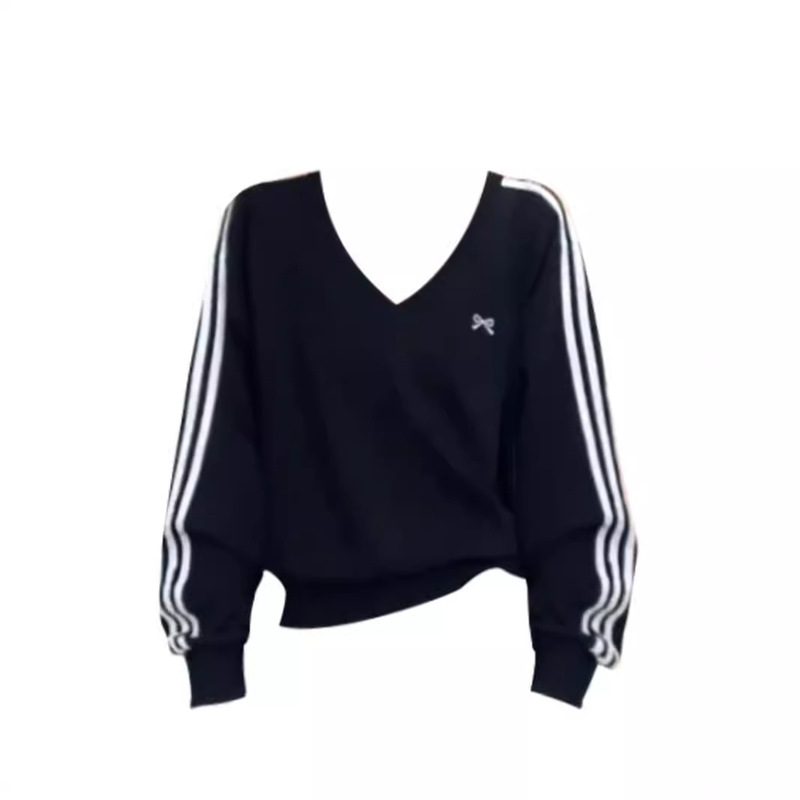 Early Autumn New American Style Retro V-Neck Three Bars Bow Black Sweatshirt Loose Slimming Casual Sports Top