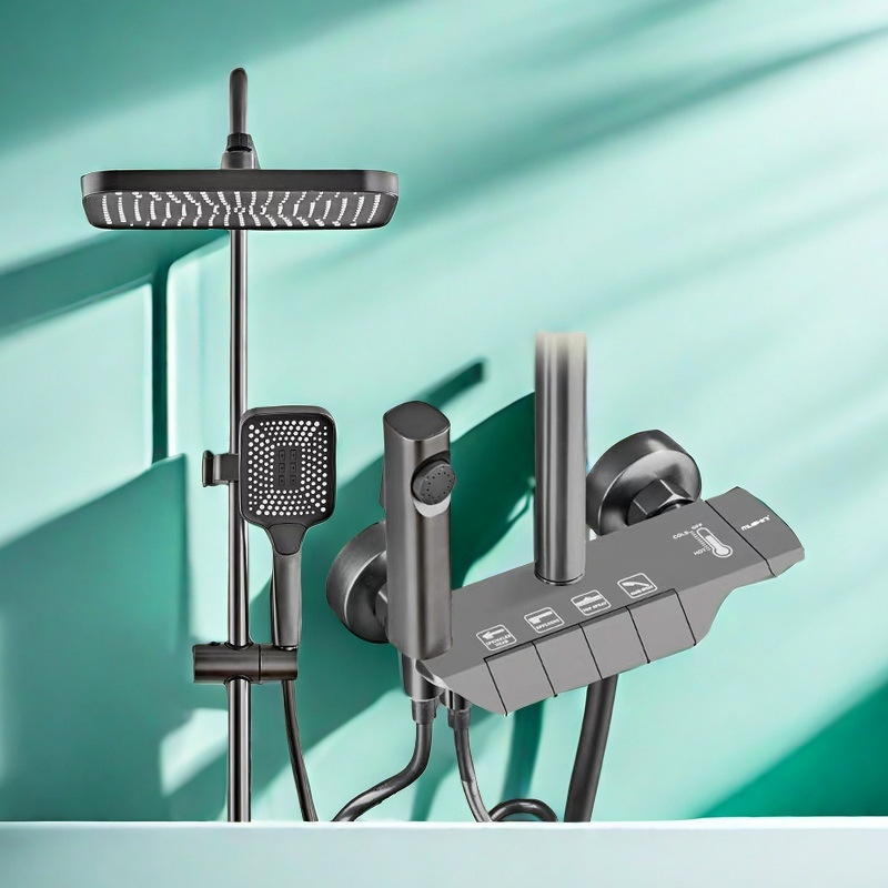 All-Copper Gun Gray Aircraft Carrier Piano Four-Speed Shower Set Wholesale Constant Temperature Pressurized Shower Hotel Home Brass Cross-Border