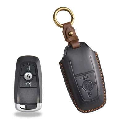 Retro Key Cover Suitable for Ford Focus Mondeo Cover Edge Leather Shell Pure Handmade Key Bag Buckle (Car key bag) - 3-key-black