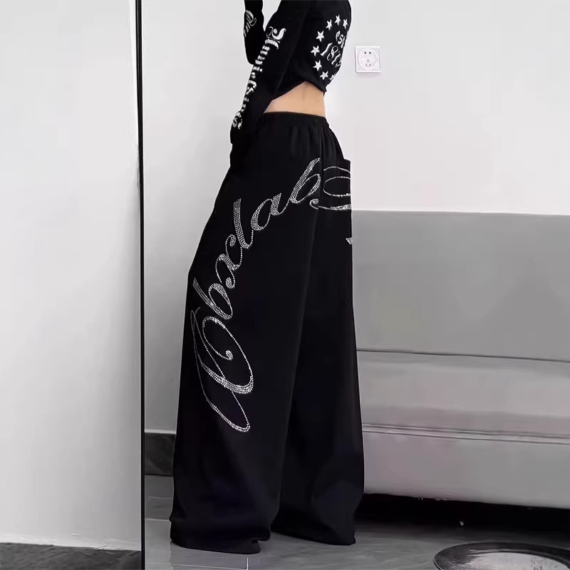 Black Rhinestone Wide-Leg Sports Pants for Women, New Autumn and Winter Trendy Street Dance Jazz Dance Casual Floor-Length Pants Black Rhinestone Wide-Leg Sports Pants for Women, New Autumn and Winter Trendy Street Dance Jazz Dance Casual Floor-Length Pants