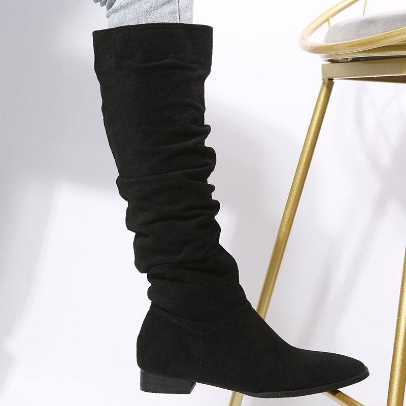 Damenschuhe Große Größe Mittellange Damen Lederstiefel Herbst und Winter Neue flache Sohle Spitzschuh Mode_voghion.com