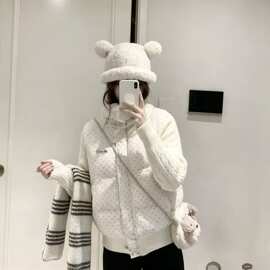 波点拼接甜美保暖麻花面包服袖冬韩系外套加厚针织宽松短款棉服女