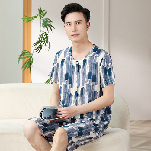 Mid-Age Men Summer Pajamas Set of 2 Cotton Short Sleeve Open-Front Top and Bottom Set for Dad Home Wear