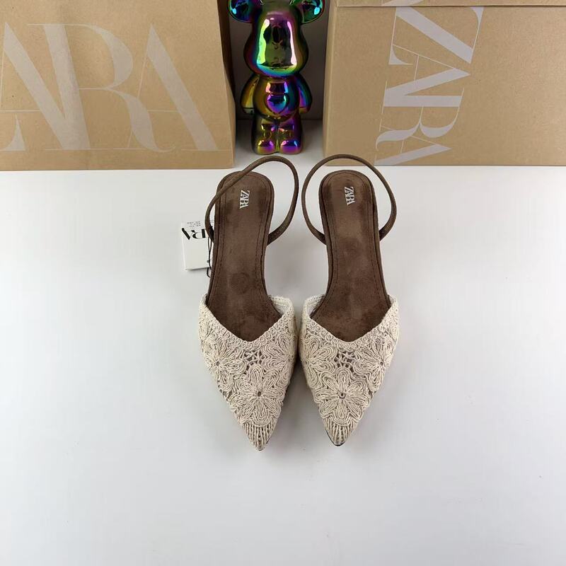 ZAR foreign trade new summer women's shoes, light brown embroidered woven medium-thin high heel pointed open-back fashion mules