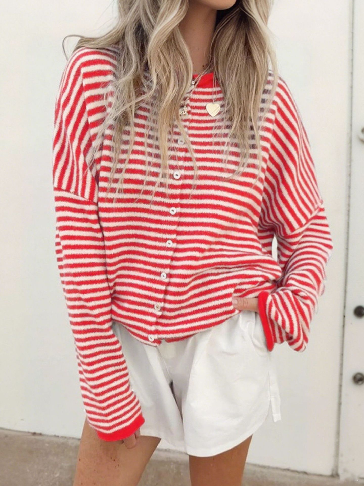 Women's Knit Striped Cardigan Casual Long Sleeve Round Neck Button Sweater Autumn Winter American Style Acrylic Polyester_ecoleips.com