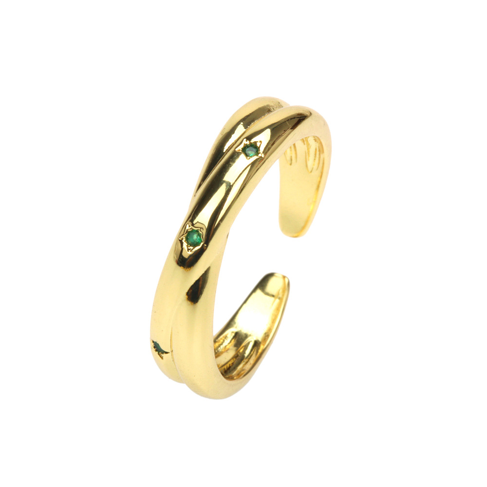 Vintage Emerald Green Zircon Simple Open End Adjustable Gold Plated Copper Ring display picture 5