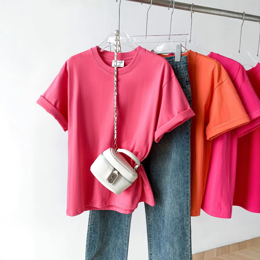 洛神玫瑰粉纯棉T恤女夏季休闲百搭韩版小清新短袖打底衫显瘦宽松