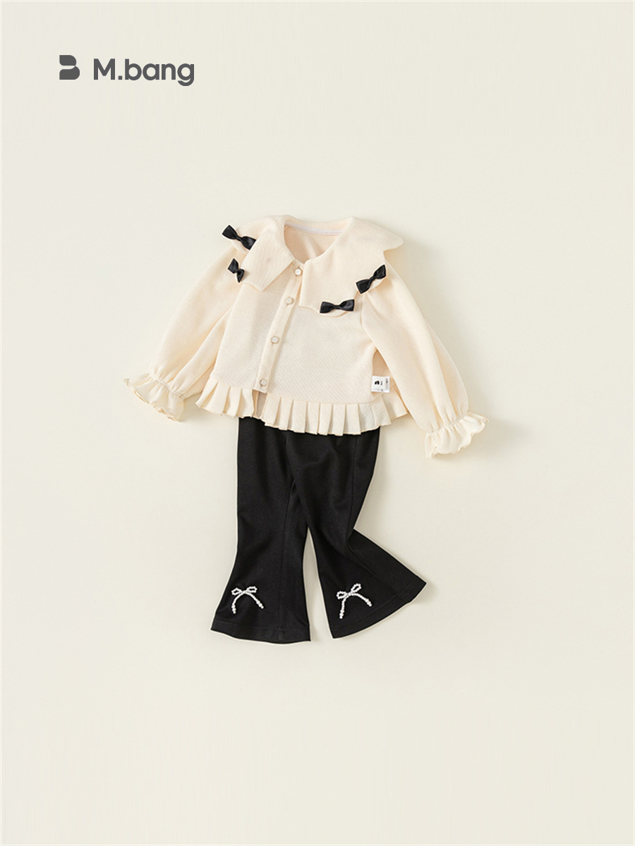 Conjunto de Dos Piezas para Niñas Youbao, Primavera y Otoño, Estilo Chanel, Ropa Infantil, Chaqueta con Solapa y Lazo, Pantalones Acampanados
