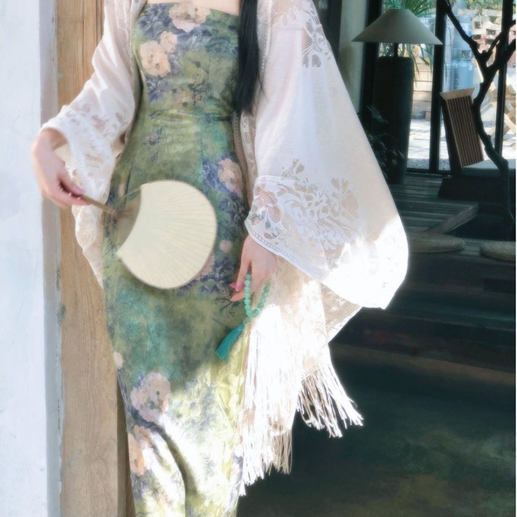 中国風タッセルジャカード日焼け止め服女性の夏のチャイナドレススカートと小さなショール薄いカーディガンジャケットブラウストップ|undefined