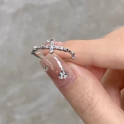 Cross zircon cool open thin ring niche design asymmetrical joint open finger ring tail ring